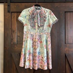 NWT Dalia MacPhee Floral Tie Neck Ruffle Front Short Sleeve Printed Dress XL
